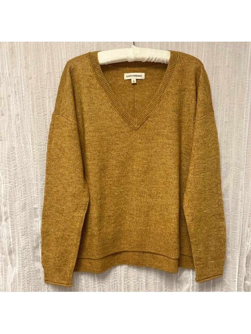Lucky Brand S L Heather Knit Mustard Yellow V-Neck High Low Pullover Sweater